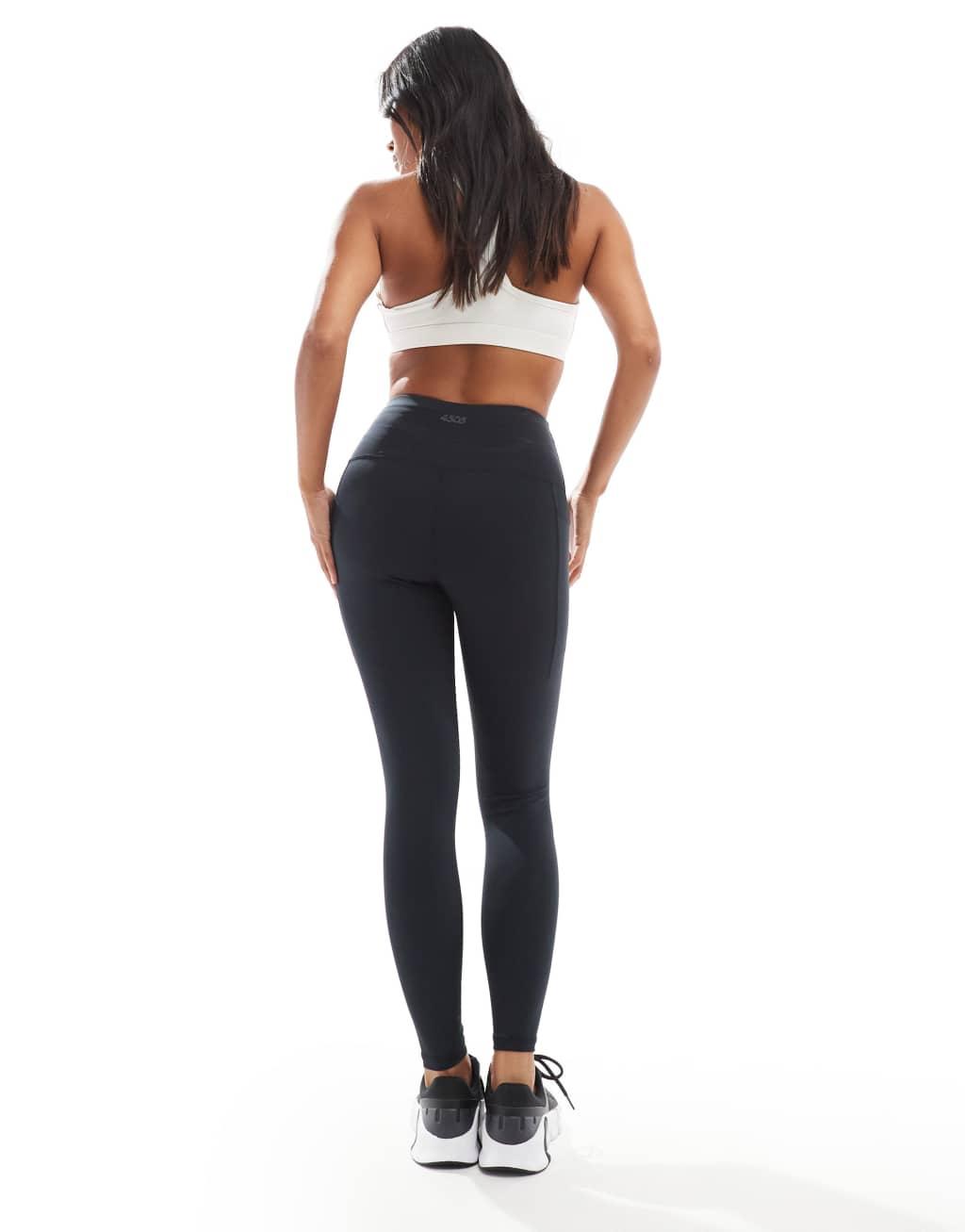 4505 Petite Icon running tie waist gym leggings with phone pocket in black  Product Image