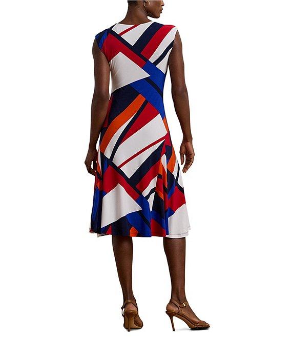 Lauren Ralph Lauren Printed Stretch Jersey Round Neck Cap Sleeve A-Line Midi Dress Product Image