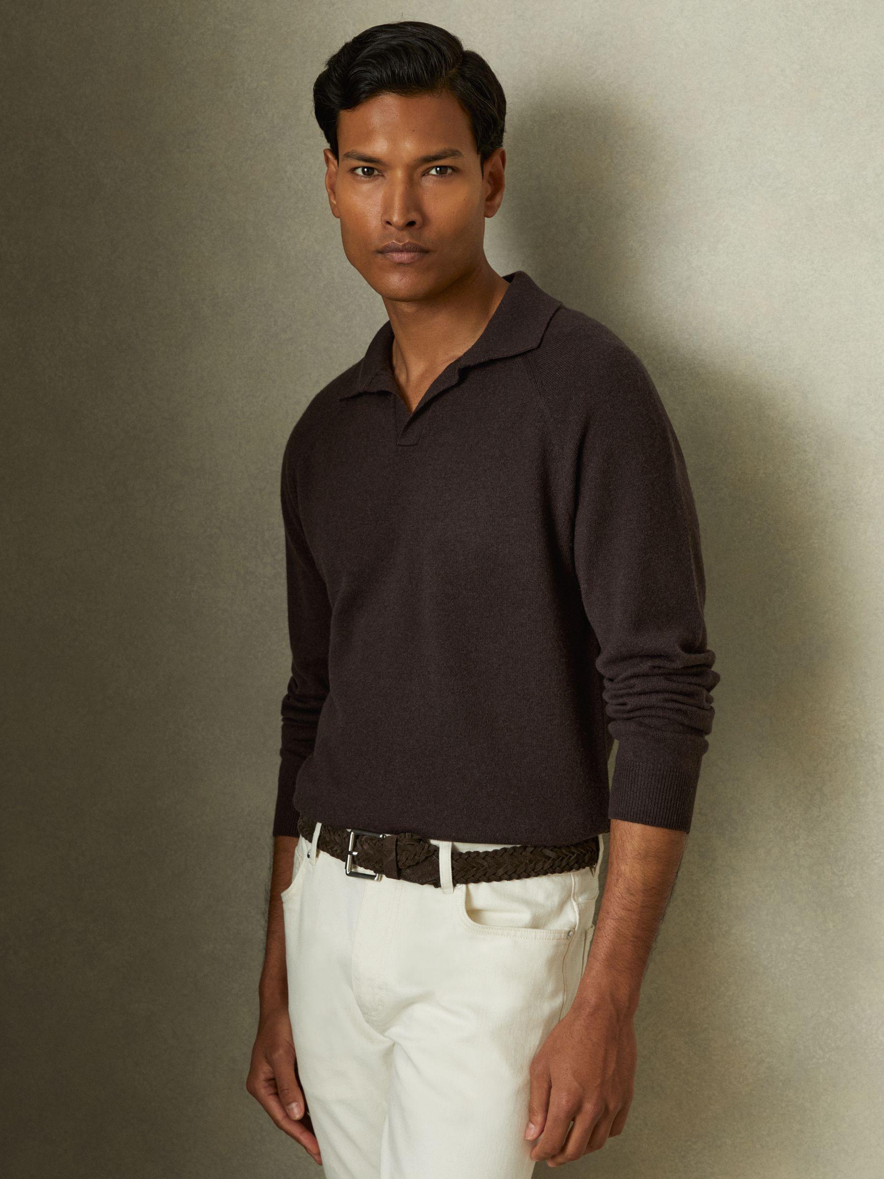 Wool-Cashmere Open-Collar Polo Shirt in Chocolate Brown Product Image