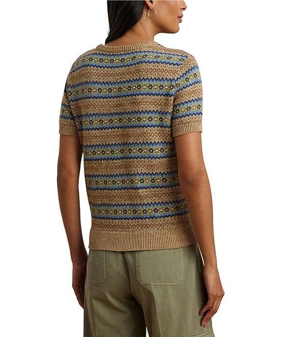 Lauren Ralph Lauren Petite Size Cotton-Blend Printed Ribbed Crew Neck Short Sleeve Sweater Product Image