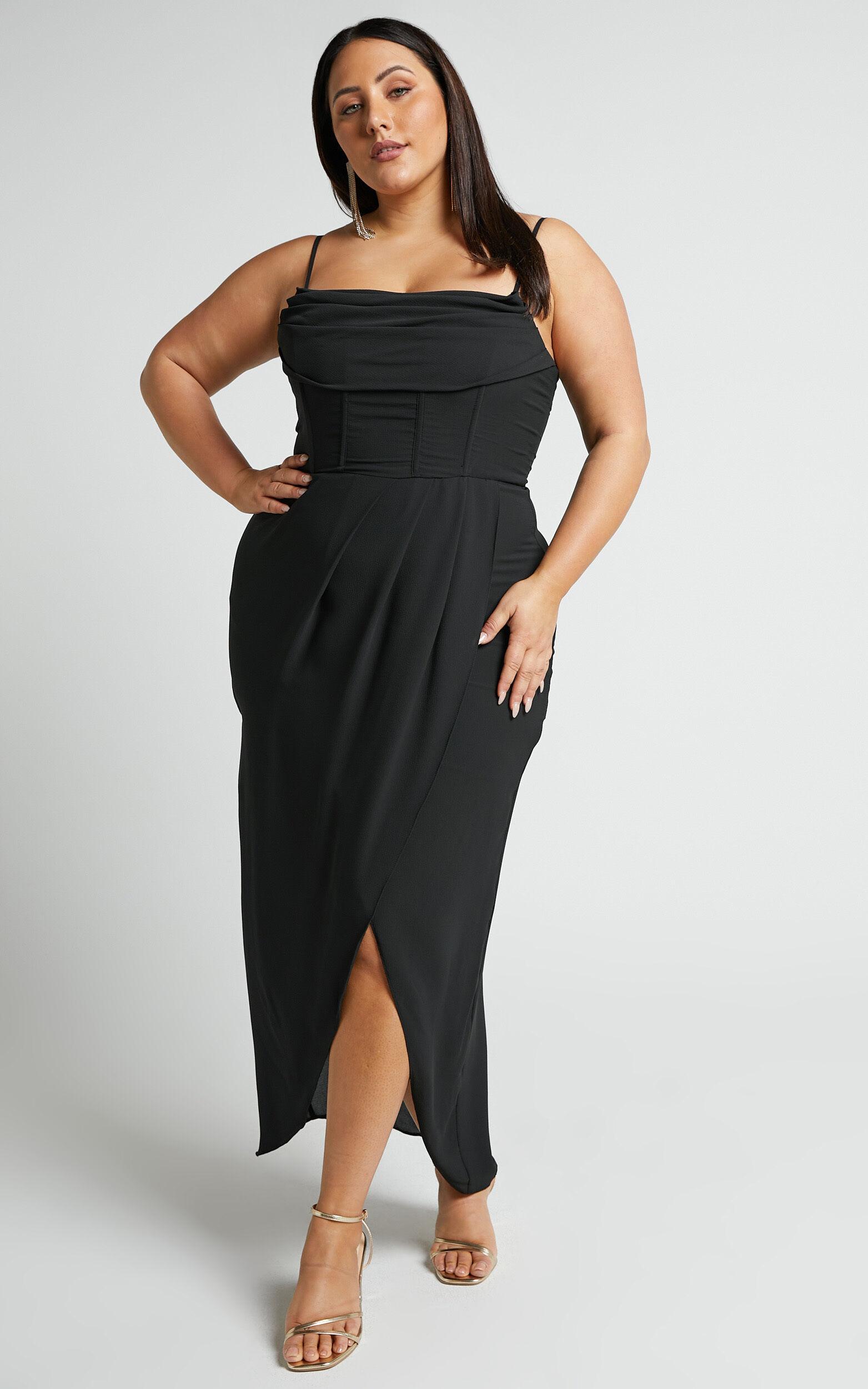 Andrina Midi Dress - High Low Wrap Corset Dress in Black Product Image