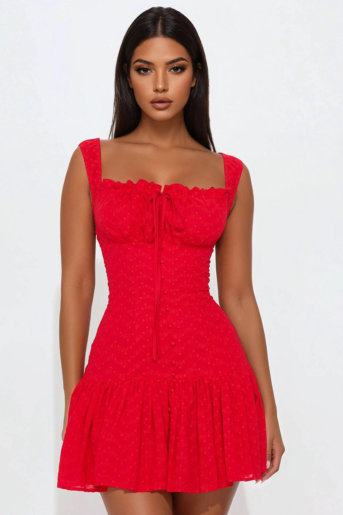 Nori Eyelet Mini Dress - Red Product Image