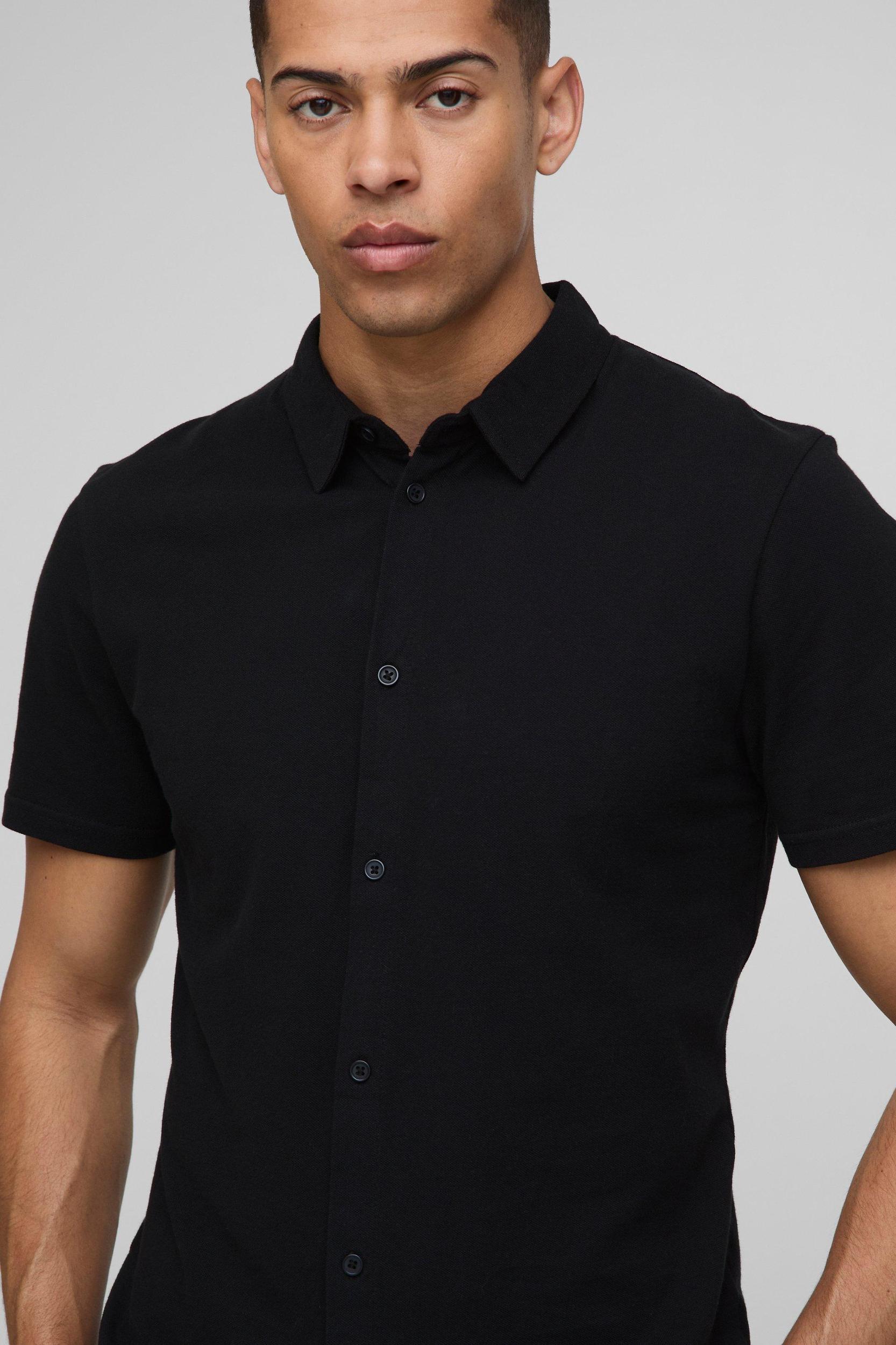 Slim Fit Pique Button Down Collar Jersey Shirt | boohooMAN USA Product Image