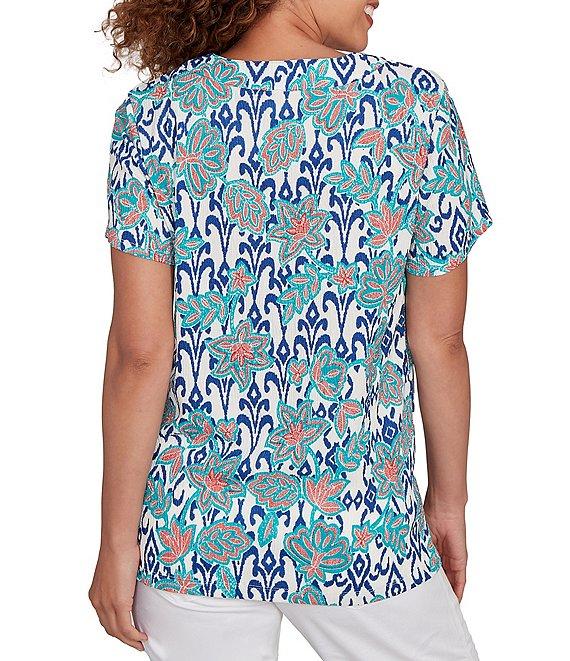 Ruby Rd. Embroidered Knit Printed Split V-Neck Short Sleeve Top Product Image