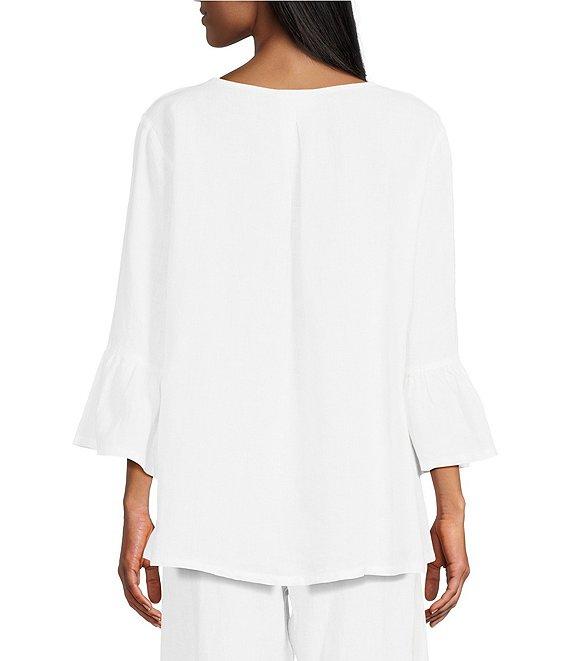 Bryn Walker Fran Basic Light Linen Round Neck Ruffle 3/4 Bell Sleeve High-Low Coordinating Shirt Product Image