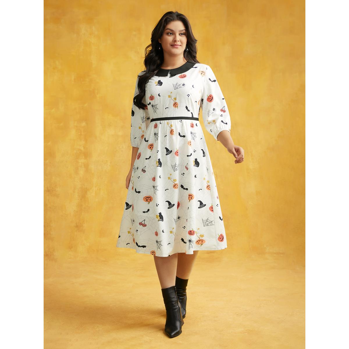 Plus Size Pumpkin Patch Retro Collared Midi Dress Beige Women Cocktail Contrast Party Curvy Bloomchic 18-20/2X Product Image
