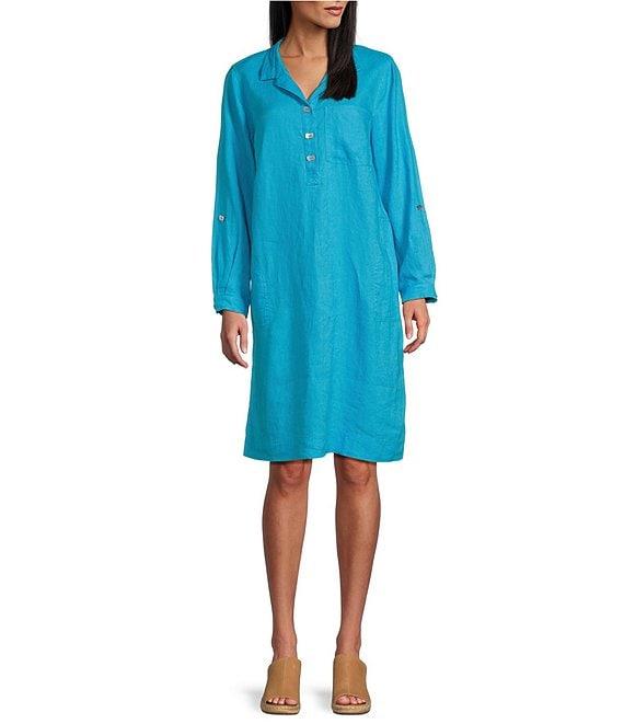 John Mark Linen Wire Collar Roll Tab Sleeve Shirt Dress Product Image