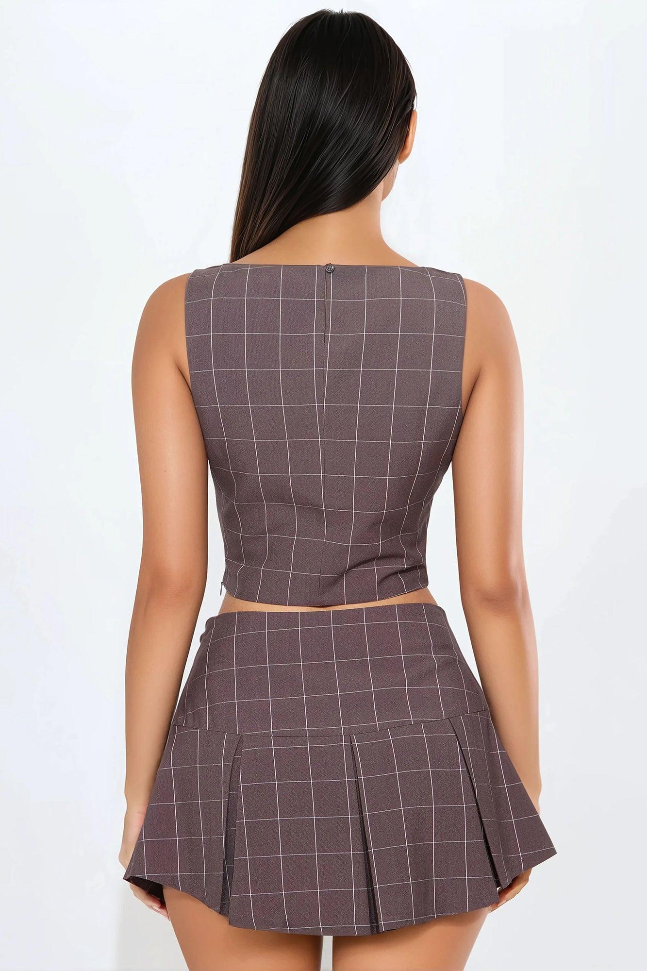 Plaid Passion Mini Skirt Set - Brown Product Image