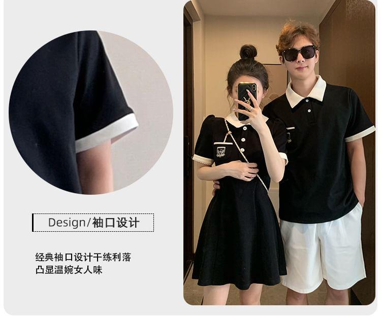 Couple Matching Short-Sleeve Collar Logo Contrast Trim Mini A-Line Dress / Polo Shirt / Mid Rise Plain Shorts Product Image