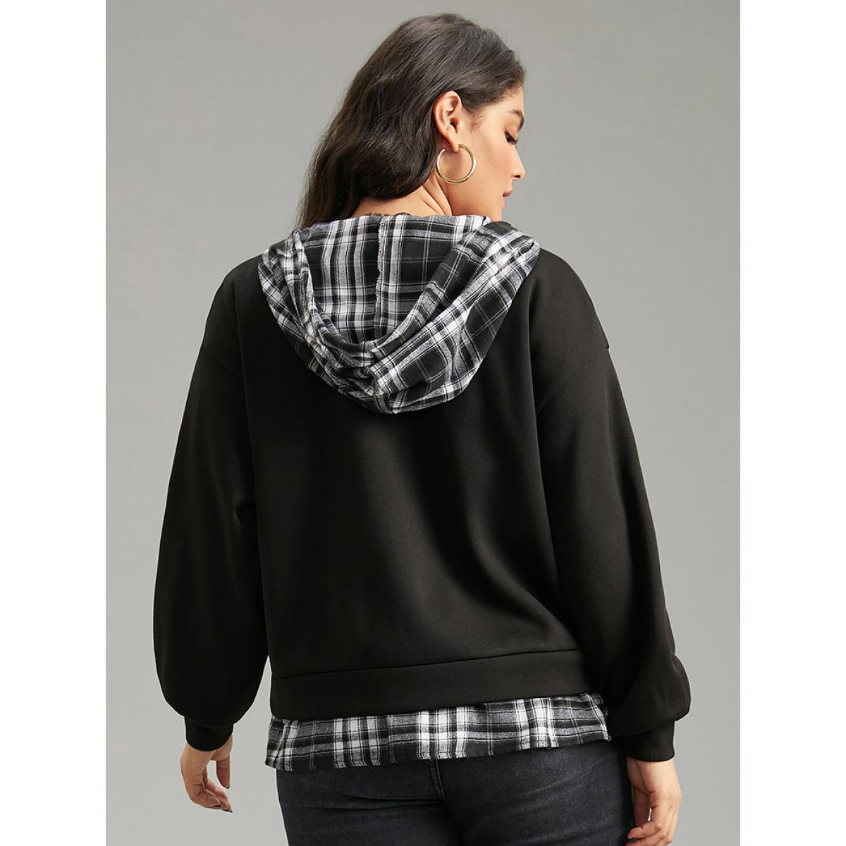 Plus Size Plaid Patchwork O Ring Zipper Hooded Drawstring Jacket Women Black Contrast Dailywear Jackets BloomChic 26/4X Product Image