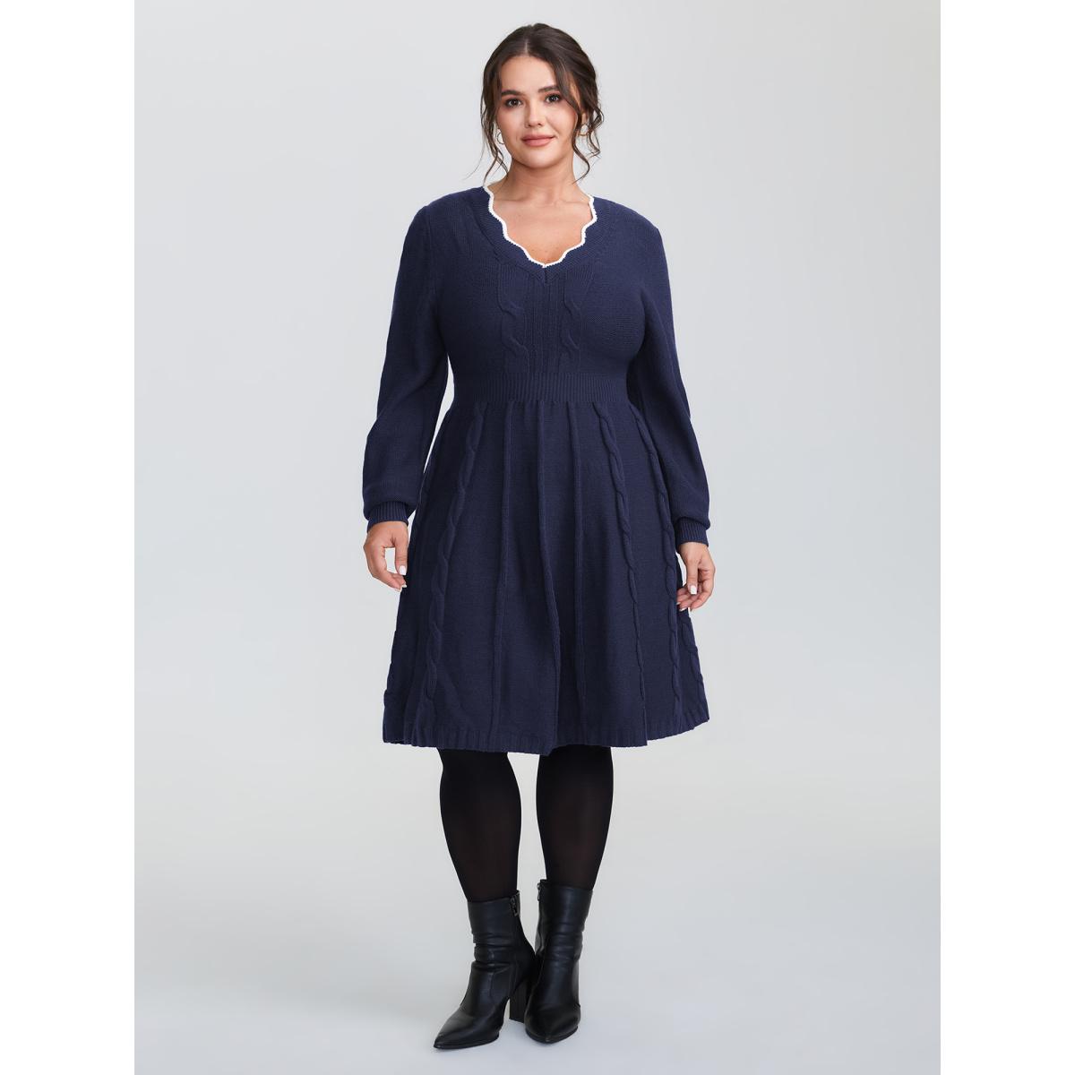 Plus Size Scalloped V-Neck Fit and Flare Sweater Dress Indigo Women Timeless Bodycon Long Sleeve Elegant Sweater Dresses BloomChic 14-16/1X Product Image
