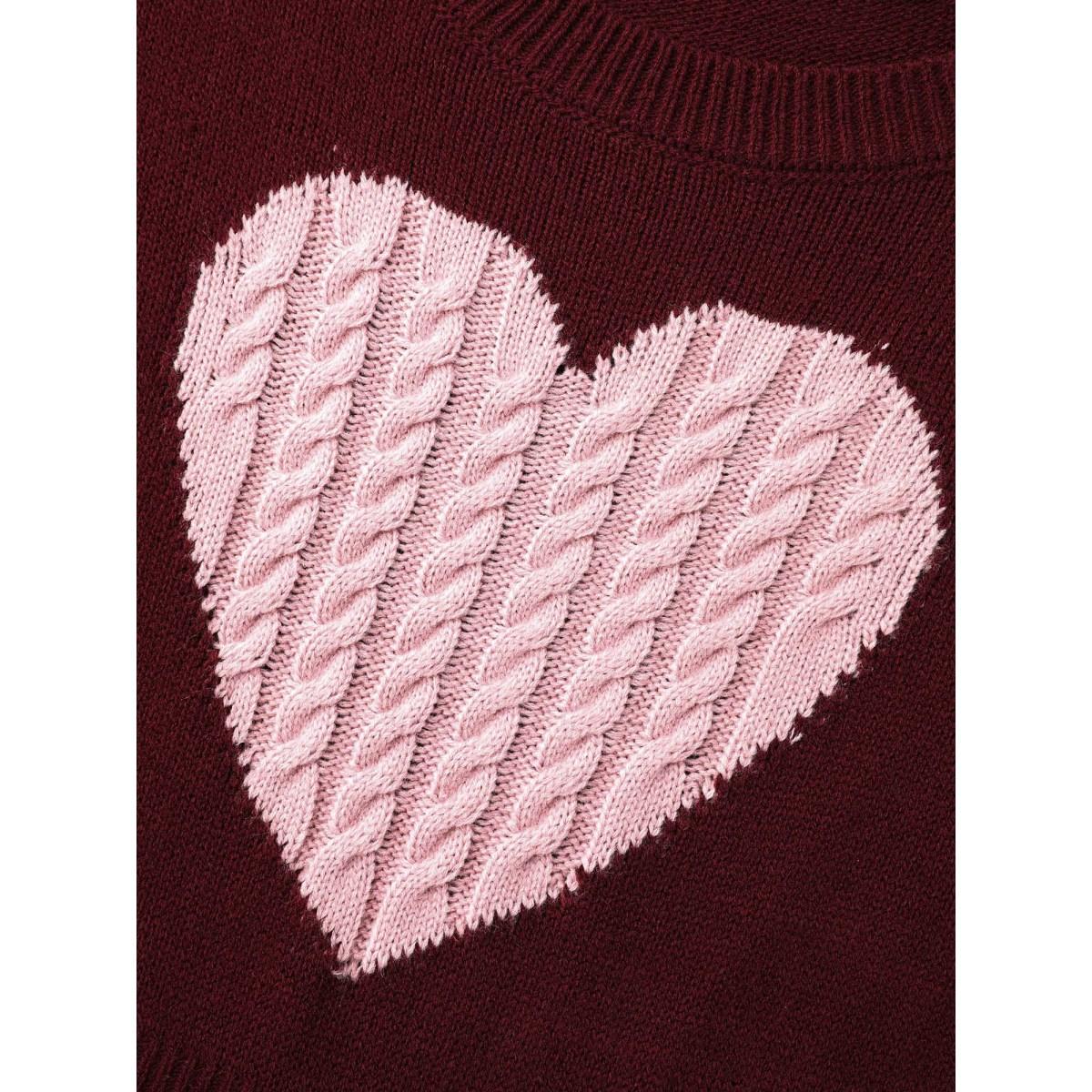 Plus Size Heart Motif Contrast Textured Dress Deepred Women Elegant Bodycon Long Sleeve Everyday Sweater Dresses BloomChic 22-24/3X Product Image