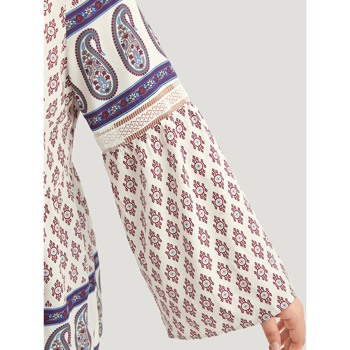 Plus Size Beige Boho Print Patchwork Lace Crew Neck Flutter Sleeve Blouse Women Vacation Long Sleeve Round Neck Vacation Blouses BloomChic 12/L Product Image