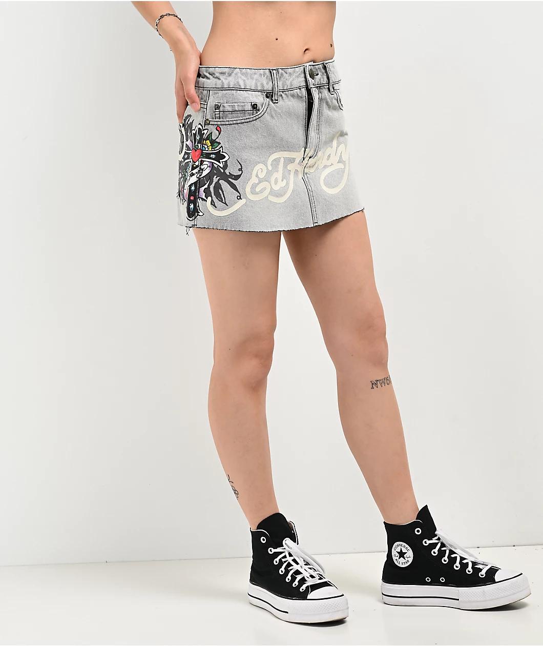 Ed Hardy Cross Denim Cutoff Mini Skirt Product Image