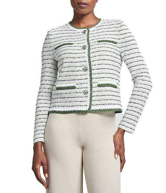 Ming Wang Knit Stripe Tweed Crew Neck Long Sleeve Jacket Product Image
