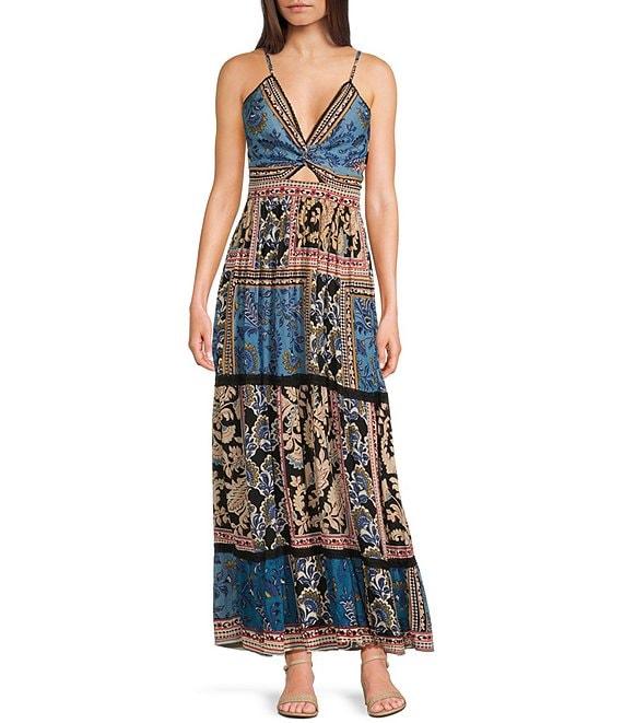 Angie Patchwork Print V-Neck Spaghetti Strap Knot Front Tiered Crochet Trim Maxi Dress Product Image