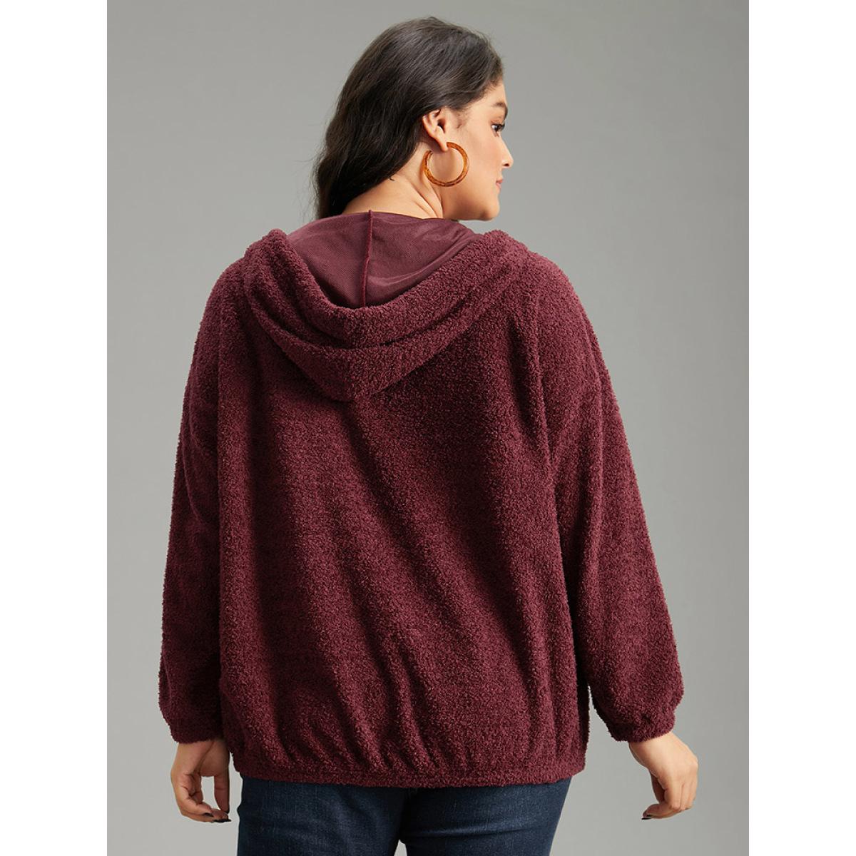 Plus Size Fuzzy Solid Hooded Pocket Ties Sweatshirt Women Burgundy Casual Elastic cuffs Hooded Dailywear Sweatshirts BloomChic 18-20/2X Product Image