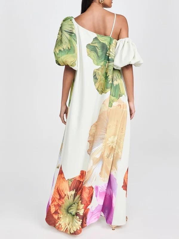 A-Line Loose Elasticity Flower Print One-Shoulder Maxi Dresses Product Image