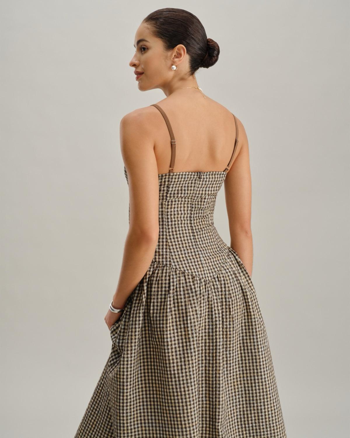 Brown Plaid Shirred Slip Midi Dress Product Image