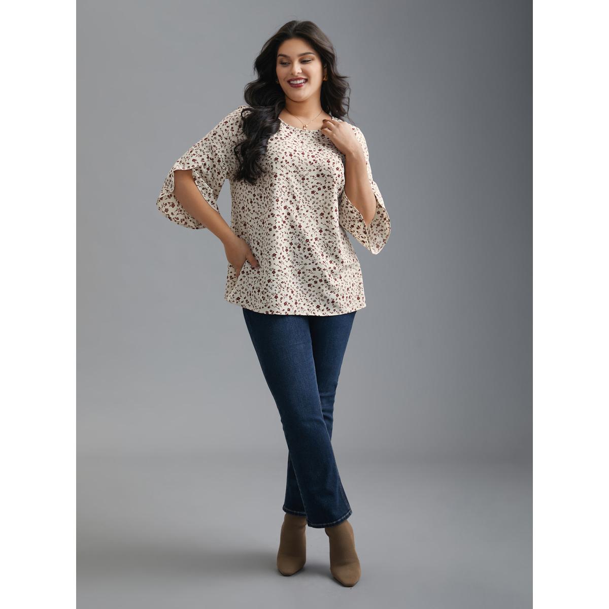 Plus Size Beige Crew Neck Ditsy Floral Bell Sleeve Blouse Women Elegant Elbow-length sleeve Round Neck Everyday Blouses BloomChic 12/L Product Image