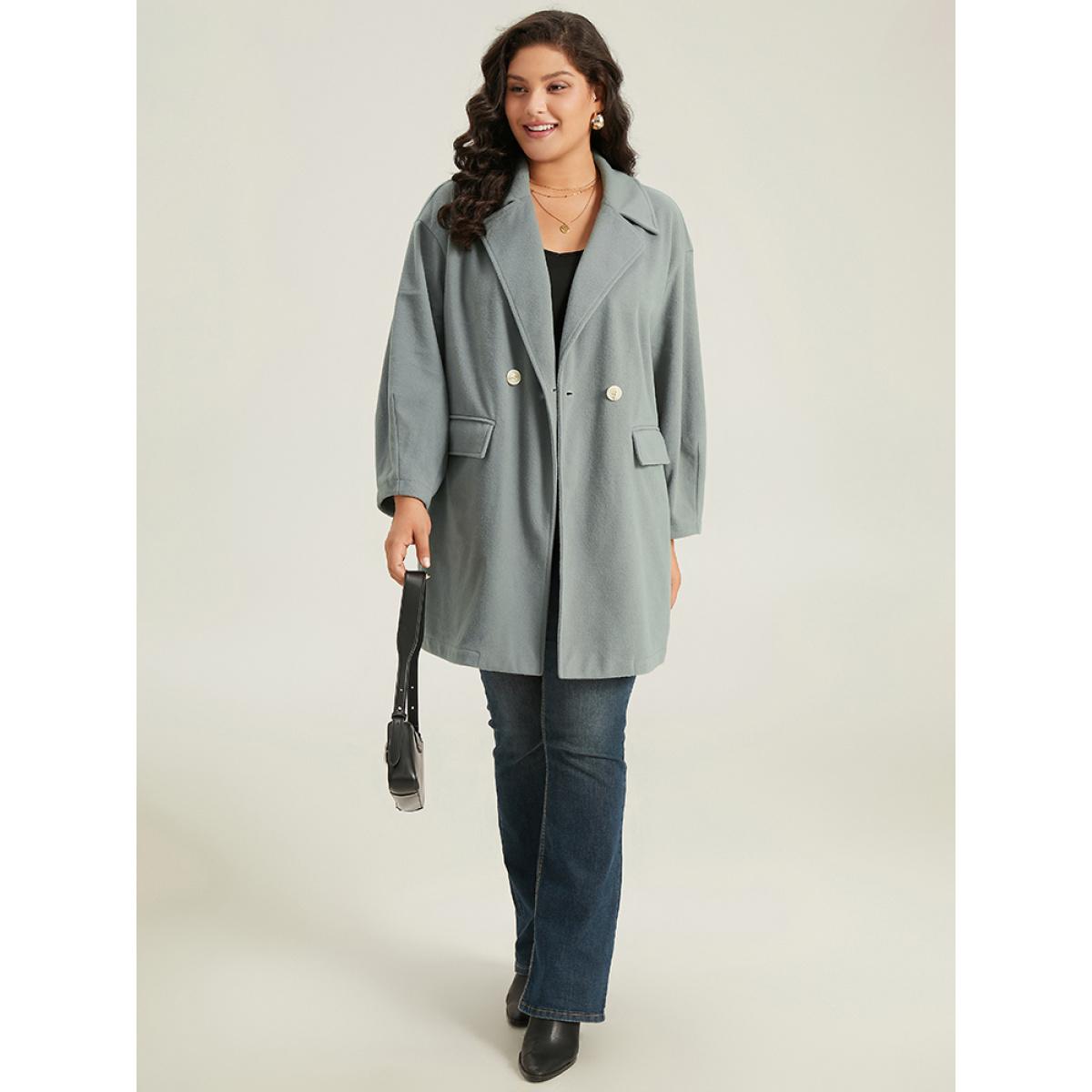 Plus Size Button Fly Flap Pocket Lantern Sleeve Coat Women Silver Office Plain Ladies Office Winter Coats BloomChic 22-24/3X Product Image