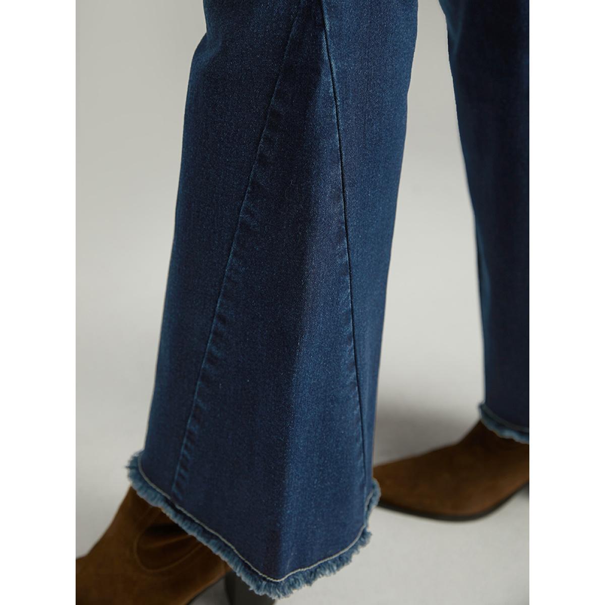 Plus Size High Rise Flare Jeans With Frayed Hem Women DarkBlue Casual Plain Plain High stretch Pocket Jeans BloomChic 30/6X Product Image