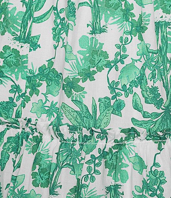 City Vibe Sleeveless Tropical Print Shirred Bandeau Bodice Empire Waist Midi Dress Product Image