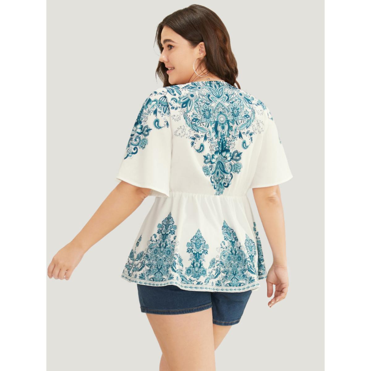 Plus Size Cerulean Bandana Print Ruffles Elastic Waist Blouse Women Vacation Short sleeve V-neck Dailywear Blouses BloomChic 22-24/3X Product Image