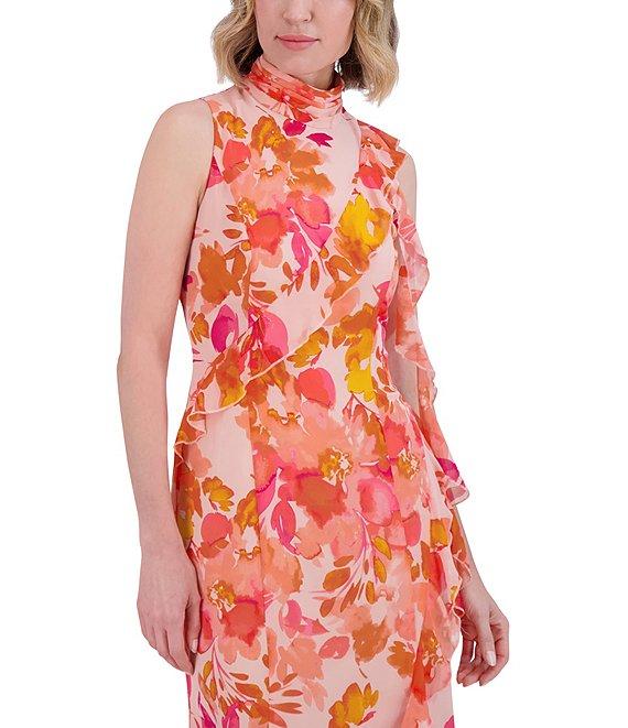 Eliza J Chiffon Floral Print Halter Neck Sleeveless Ruffle Sheath Maxi Dress Product Image