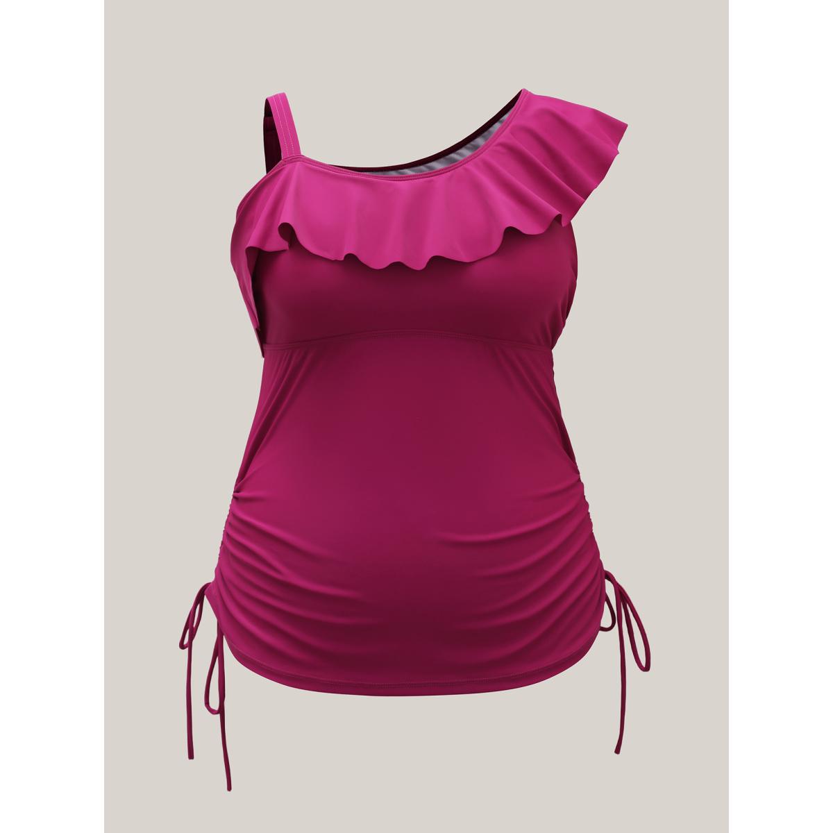 Plus Size One-Shoulder Drawstring Swim Top Women's Swimwear RedViolet Resort Drawstring High stretch Skinny Asymmetrical Neck Curve Swim Tops BloomChic 22-24/3X Product Image
