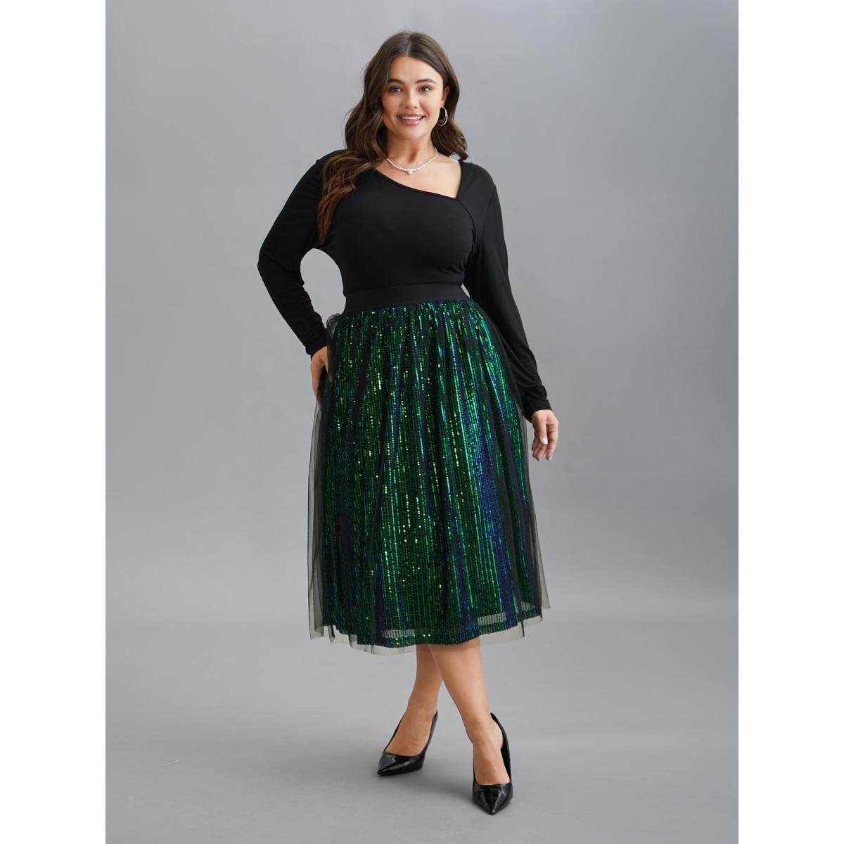 Plus Size Sequin Mesh Elastic Waist Midi Skirt Women Black Formal Tiered Loose No stretch Party Skirts BloomChic 10/M Product Image
