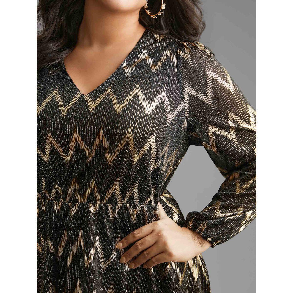 Plus Size Black Gold Shimmer Elastic Waist V-neck Blouse Women Cocktail Long Sleeve V-neck Party Blouses BloomChic 12/L Product Image