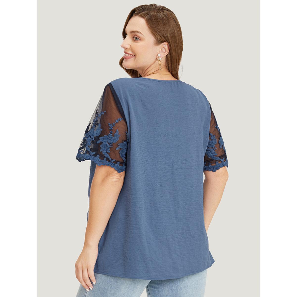Plus Size Stone Plain Lace Mesh Sleeve Button Detail Blouse Women Elegant Short sleeve V-neck Dailywear Blouses BloomChic 12/L Product Image