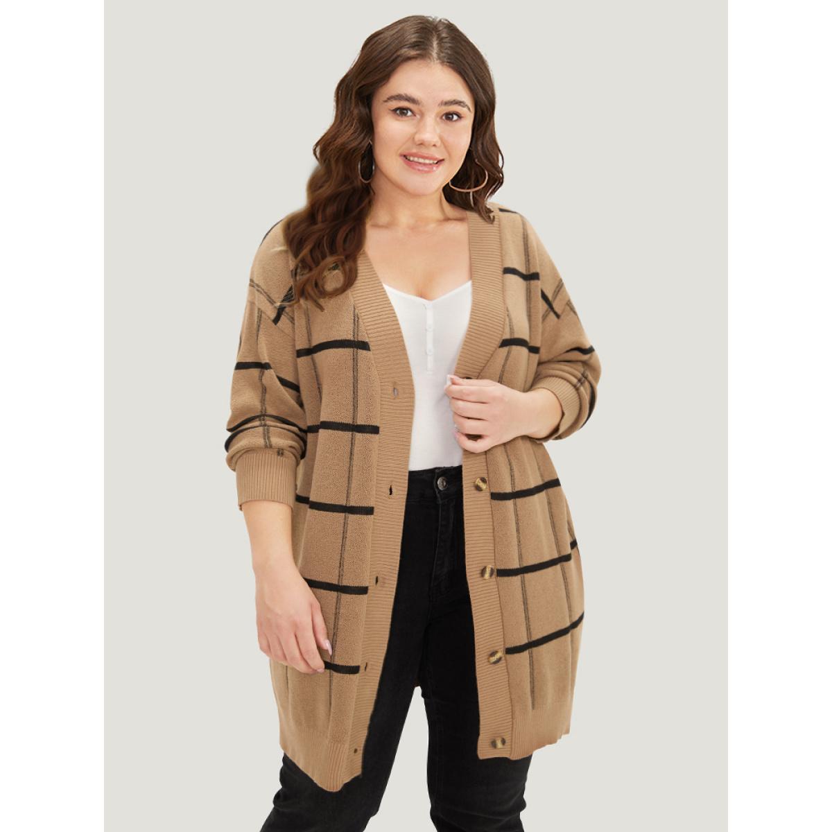Plus Size Plaid Striped Button Through Cardigan Tan Women Casual Loose Long Sleeve Everyday Cardigans BloomChic 22-24/3X Product Image