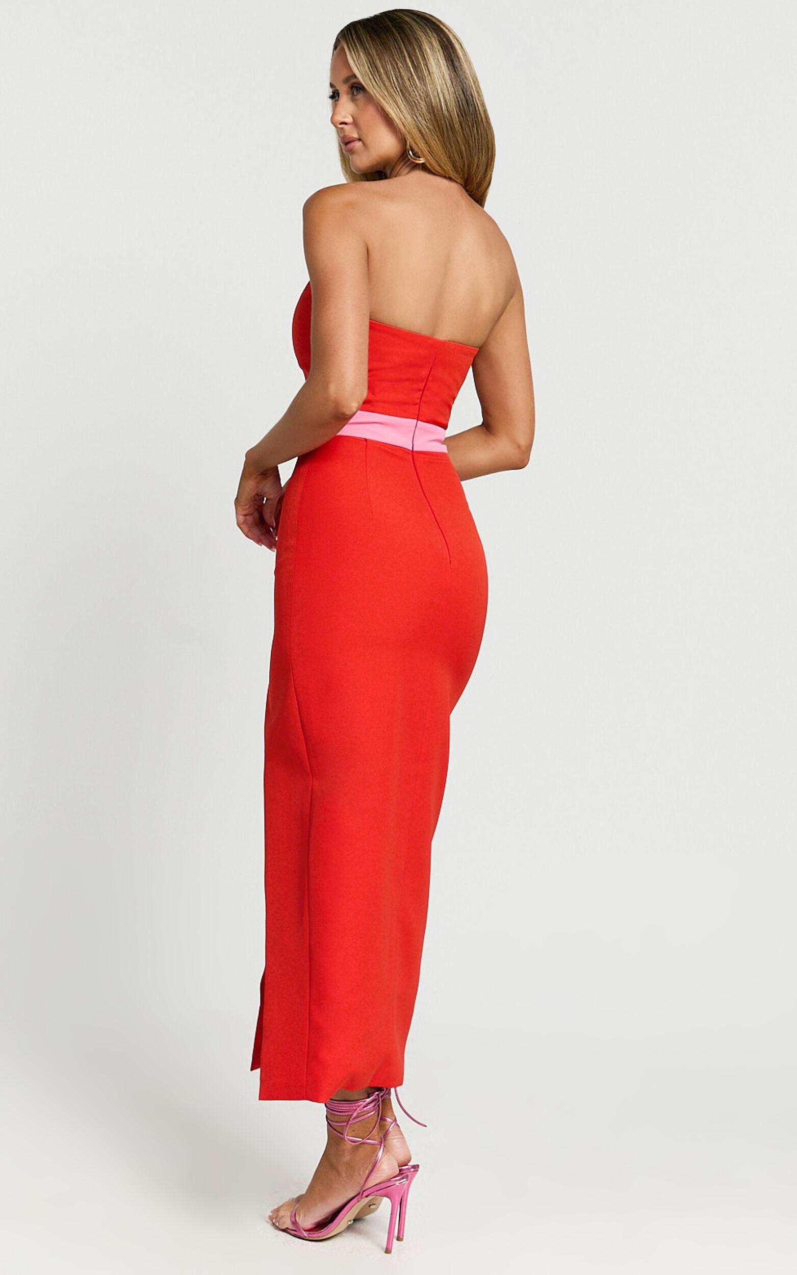 Veronica Midi Dress - Sweetheart Strapless Bow Detail High Split Dress in Red Product Image