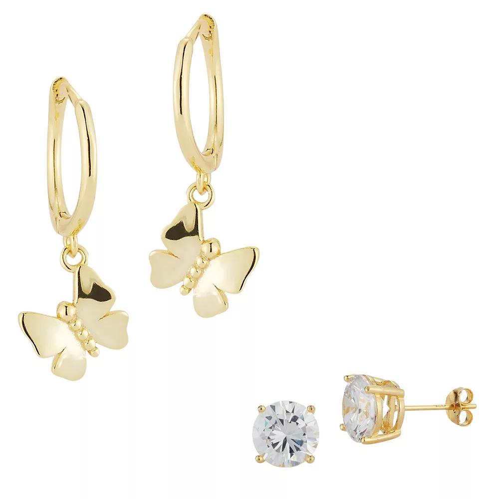 Sunkissed Sterling Butterfly & Cubic Zirconia Stud Earring Set, Women's, Gold Tone Product Image