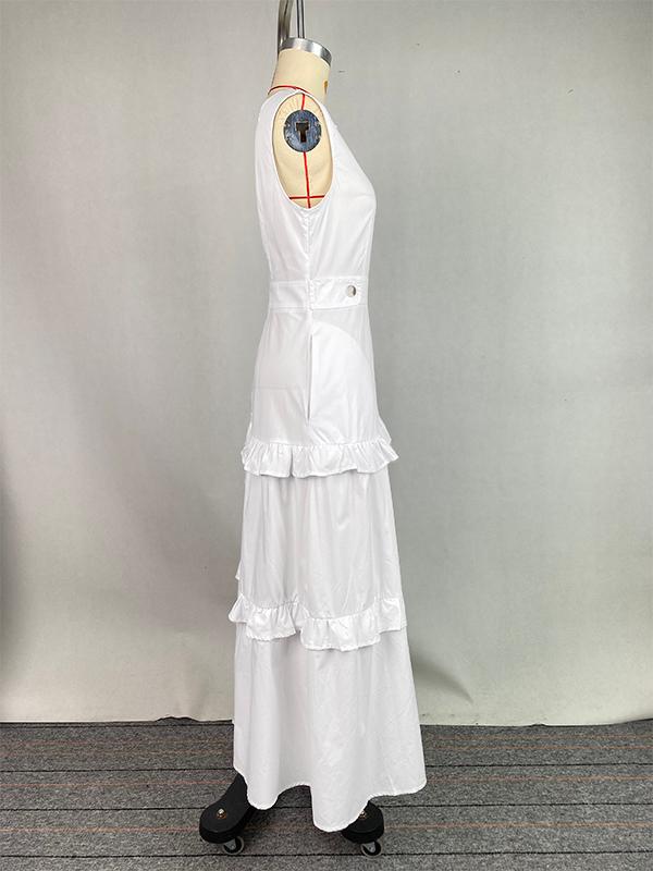 A-Line High Waisted Buttoned Pleated Pockets Solid Color Split-Joint V-Neck Maxi Dresses Product Image