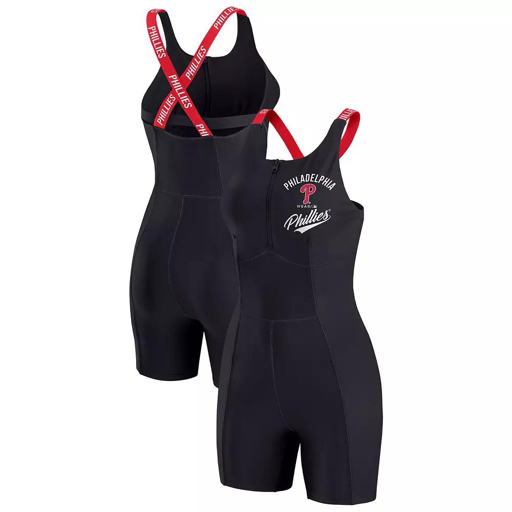 Women's WEAR by Erin Andrews  Black Philadelphia Phillies Bodycon Quarter-Zip Romper, Size: Medium Product Image