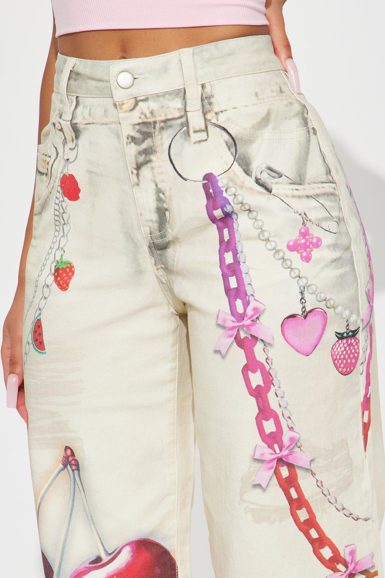 Cherry On Top Printed Wide Leg Jeans - Ivory Female Product Image