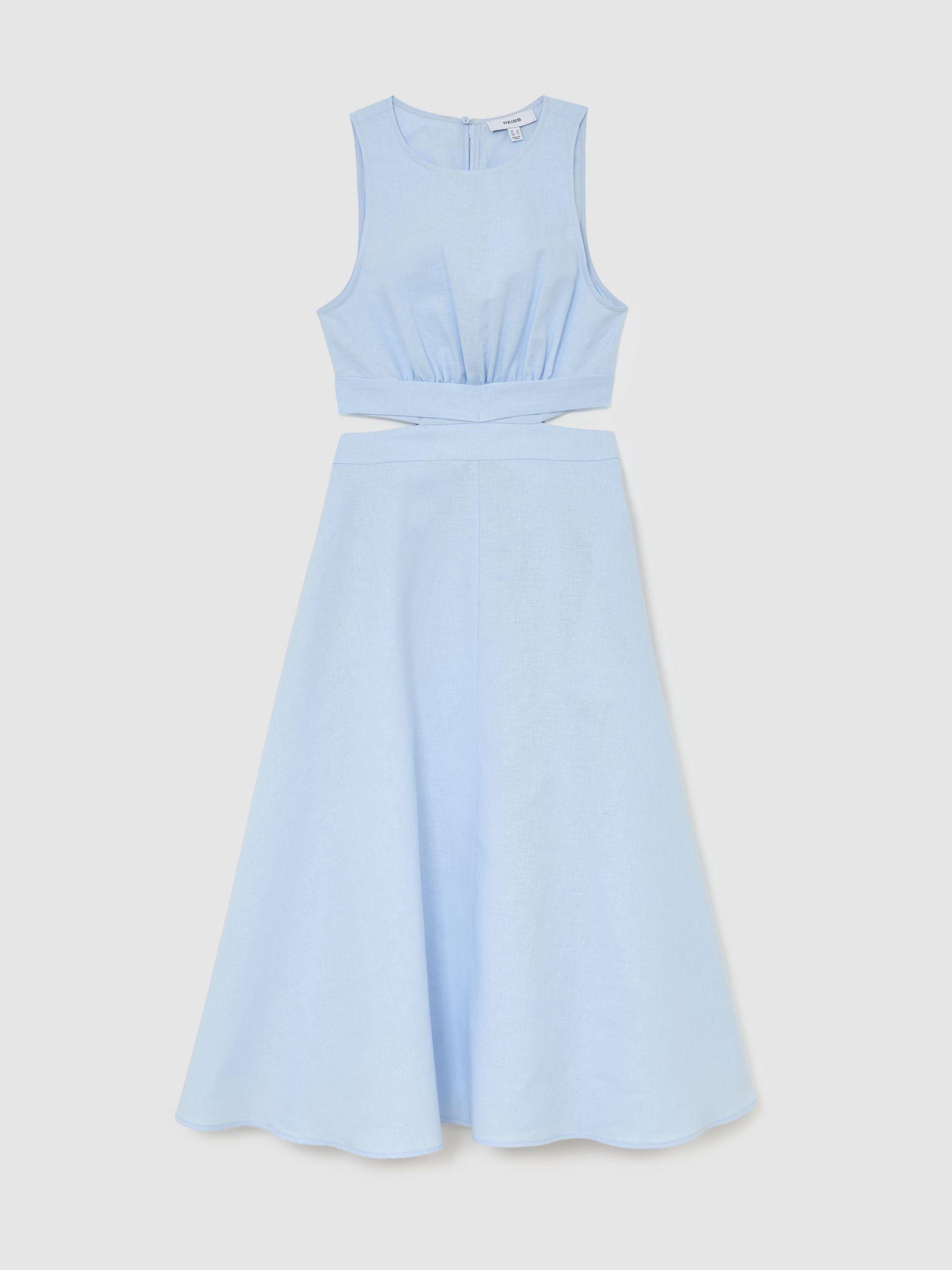 Linen-Cotton Cut-Out Midi Dress in Blue Product Image