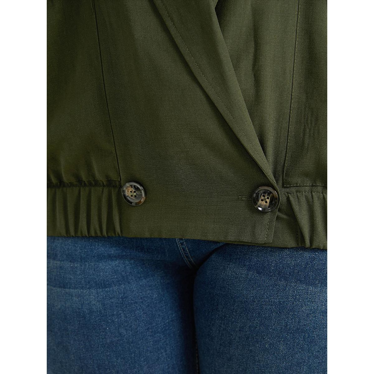 Plus Size Lapel Collar Solid Gathered Tab Sleeve Jacket Women ArmyGreen Plain Pocket Dailywear Jackets BloomChic 12/L Product Image