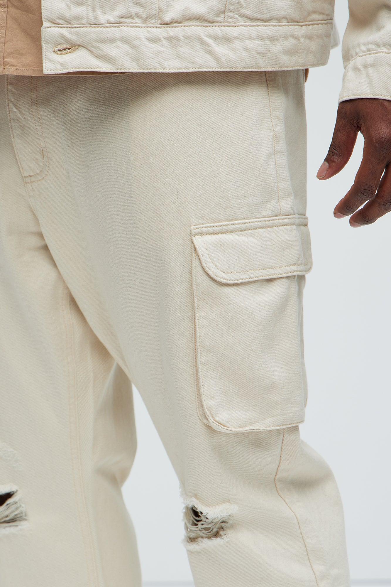 Benson Distressed Slim Cargo Pants - Cream Product Image