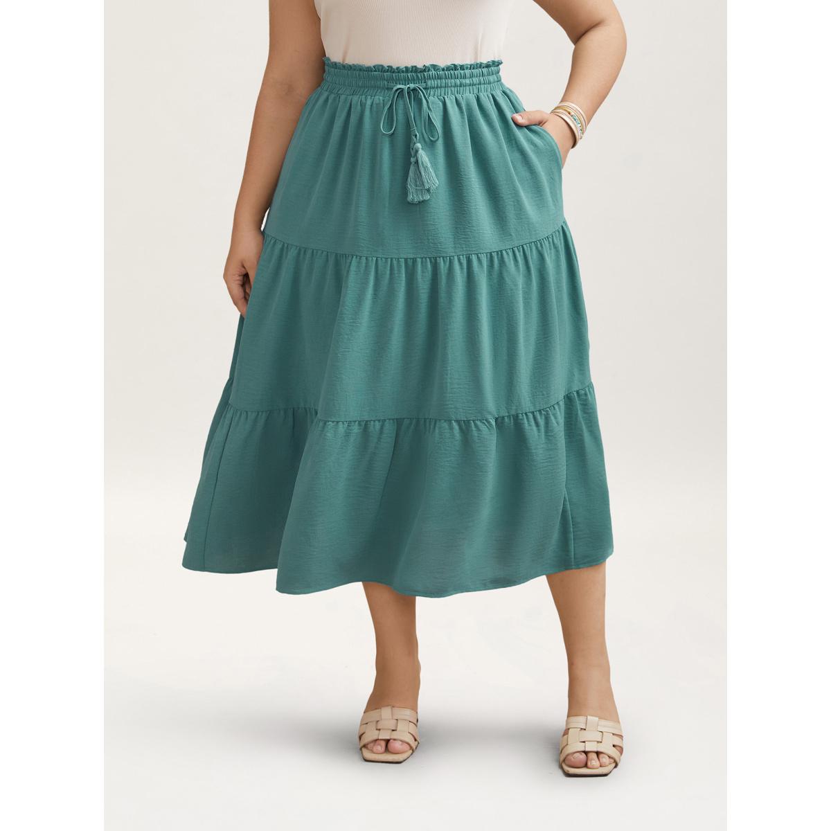 Plus Size Smocked Waist Lace Tiered Midi Skirt Women Turquoise Resort Gathered No stretch Side seam pocket Vacation Skirts BloomChic 14-16/1X Product Image