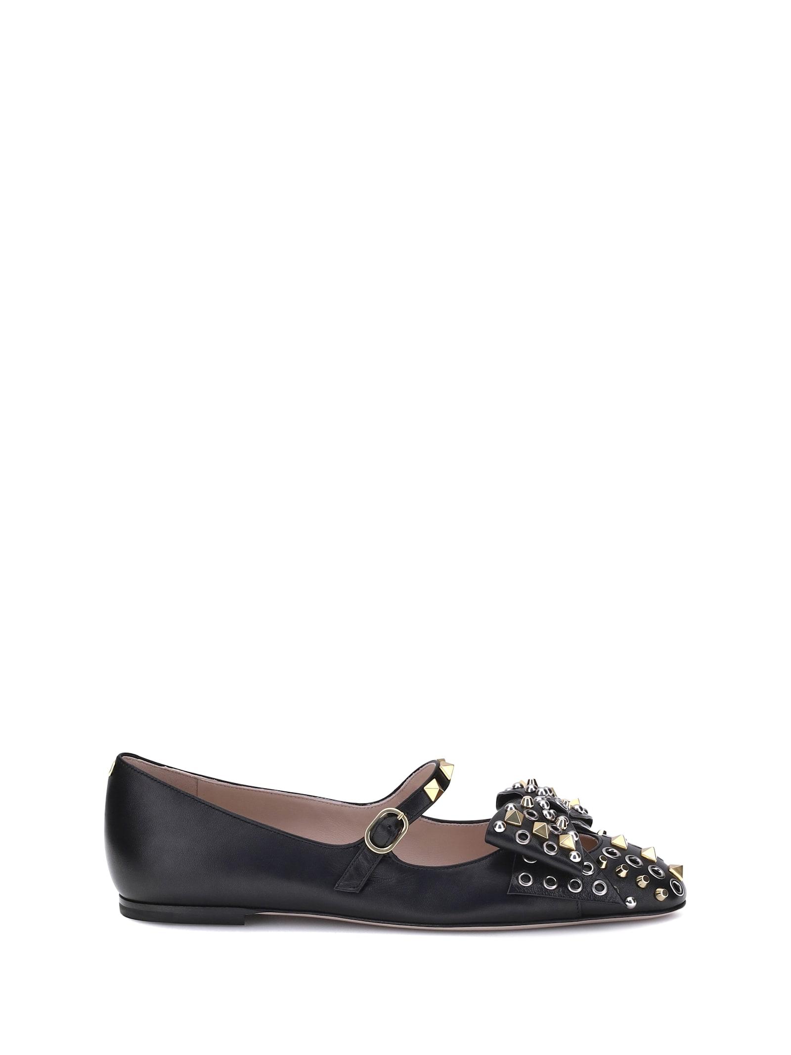 VALENTINO GARAVANI Mary-jane Bowow Ballerina In Kidskin With Studs Woman Black 35 In Multi Product Image