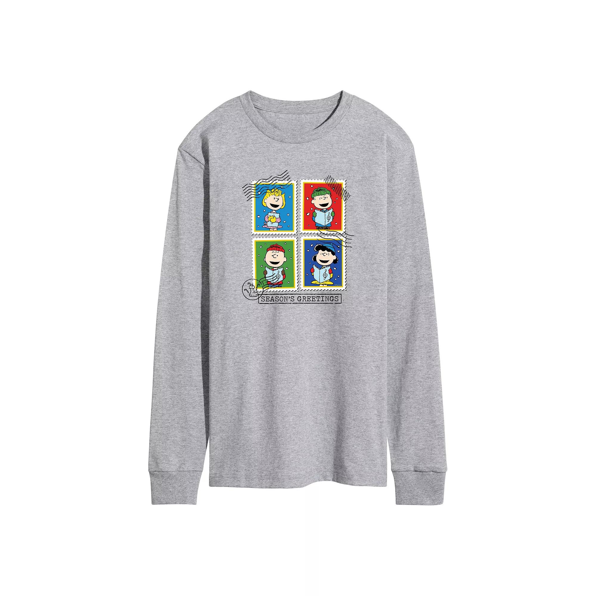 Men's Peanuts Seasons Greetings Stamps Long Sleeve Graphic Tee,  Product Image