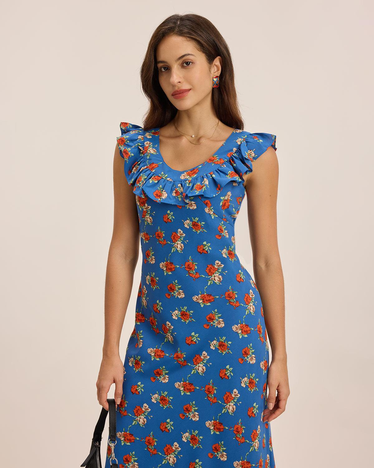 Blue Floral Ruffle Sleeveless Maxi Dress Product Image