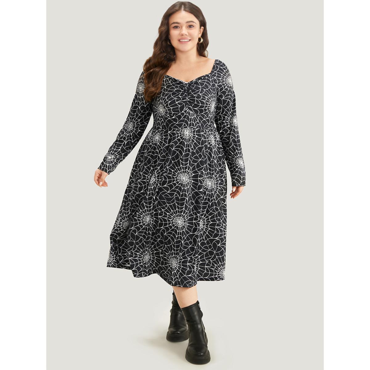 Plus Size Halloween Spider Web Pocket Square Neck Dress Black Women Casual Gathered Square Neck Long Sleeve Curvy Midi Dress BloomChic 10/M Product Image