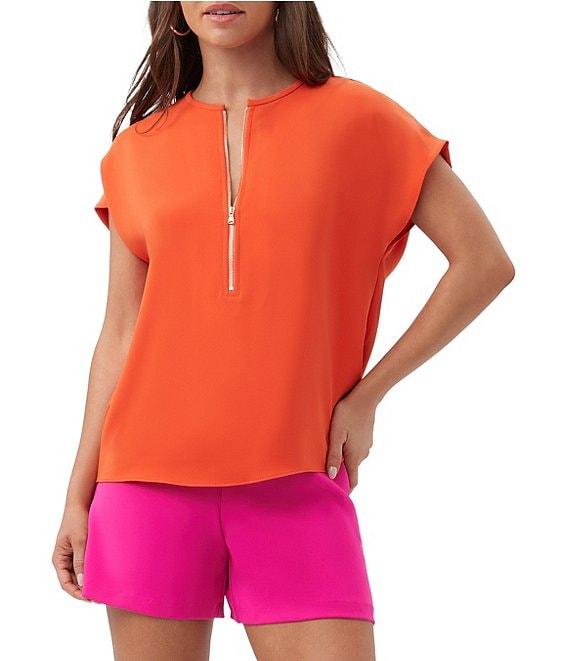 Trina Turk Hasil Georgette Zip Round Neck Short Sleeve Blouse Product Image