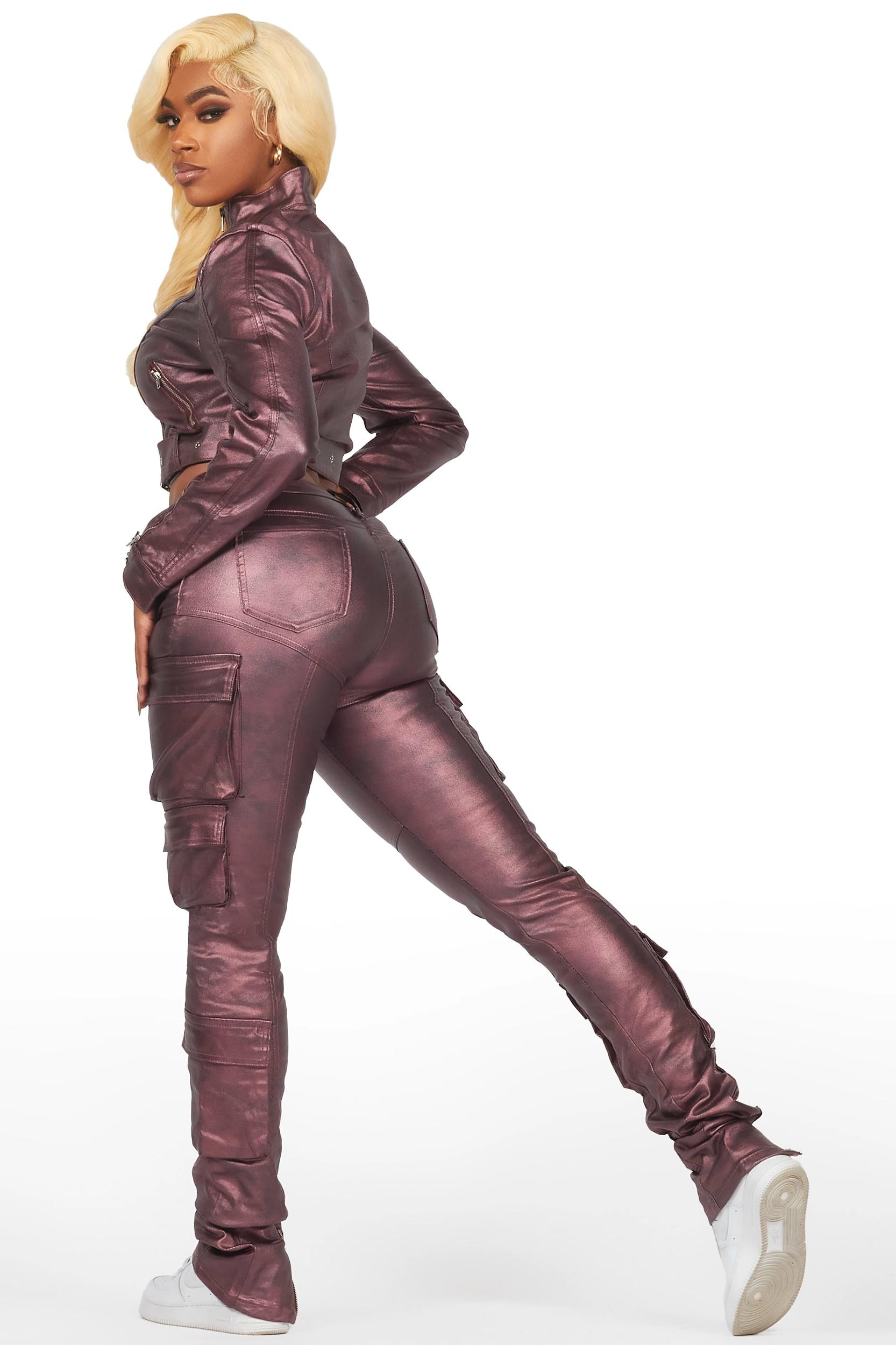 Teeoina Pink Coated Black Faux Leather Moto Jacket Female Product Image