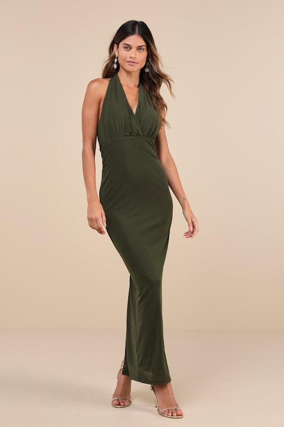 Celebratory Love Olive Green Mesh Ruched Halter Maxi Dress Product Image